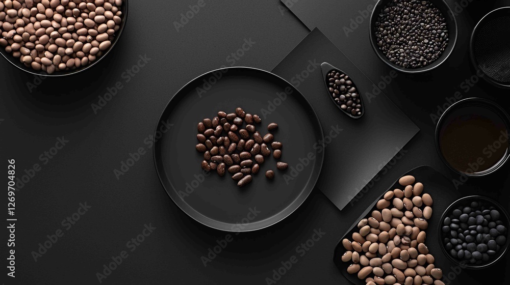 Poster assorted beans elegantly arranged on a modern flat lay background
