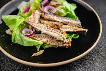 mackerel can fish seafood salad fresh tasty food dish gourmet food background on the table rustic...