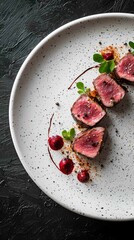 Modern Fusion Dish of Thinly Sliced Beef with Garnishes