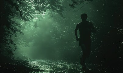 Fototapeta premium silhouette of a man running through the forest in the morning