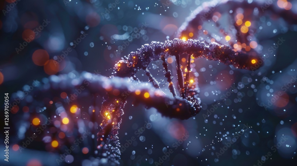 Poster intricate structure of dna helix under abstract light with bokeh effects and vibrant colors