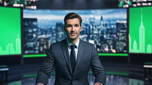 Man in suit presenting news at virtual studio with city view