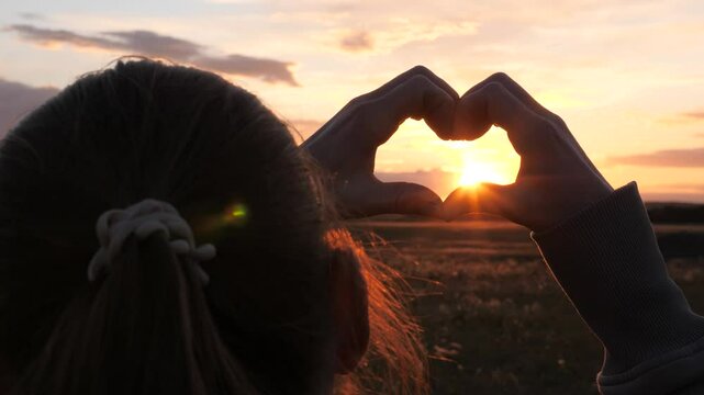 silhouette girl heart fingers romance journey sunset, happy girl dream sun sky, sign, sunlight hand heart vacation, sunset sun light hand heart fingers, between fingers sunlight sky, silhouette happy