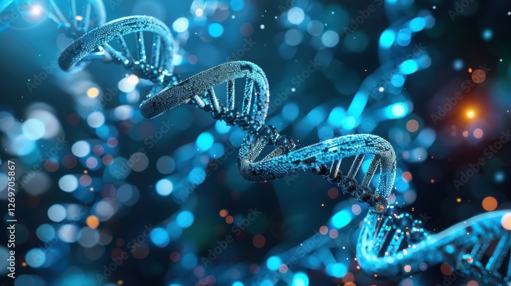 Poster intricate molecular structure of dna with blue light effects on a dark background for science and re
