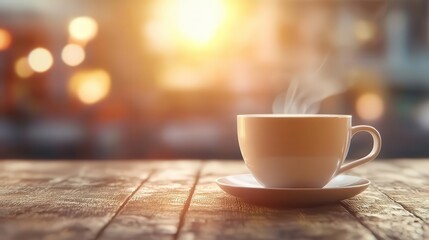 Obraz premium Rustic Wooden Table Setup Featuring a Steaming Cup of Coffee for Web Banner Design