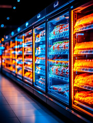 Grocery store refrigerated displays at night