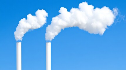Emission from Industrial Smoke Stacks Against Clear Blue Sky