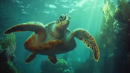 Obraz premium Sea Turtle Swimming Gracefully in Crystal Clear Ocean Waters for Environmental Awareness Campaigns