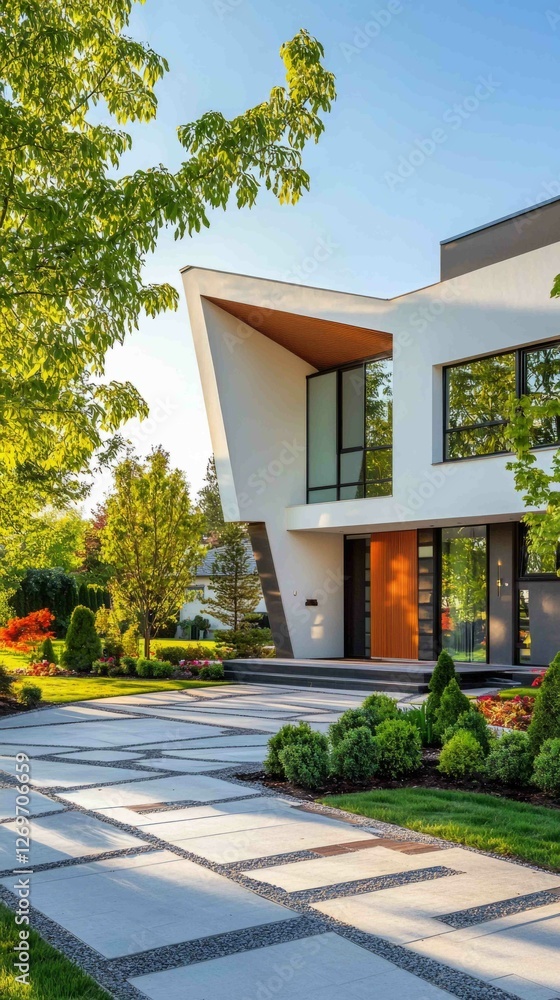 Poster modern suburban home with unique angular design and lush landscape