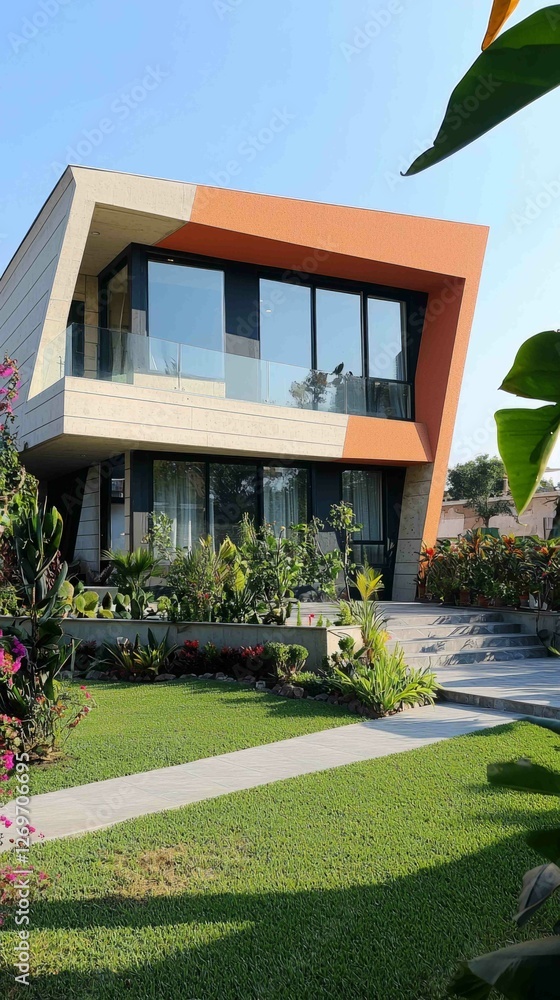 Poster modern suburban home with unique angular design and greenery