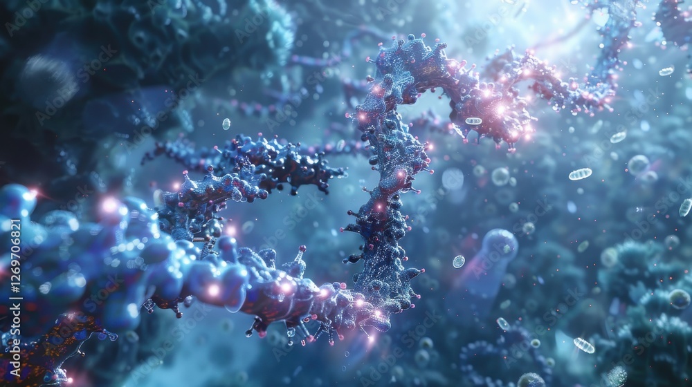 Poster abstract representation of dna helix structure with intricate molecular details and shimmering parti