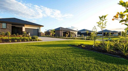 Modern Suburban Landscape with Neatly Arranged Homes and Lawn