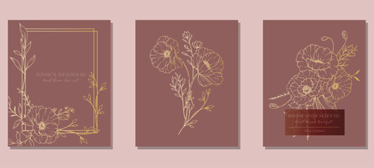 Naklejka premium Poppy Flowers Outline. Line Art Poppy. Botanical Background with trendy minimalist poppy flowers and wildflowers. Luxury Floral Line Art Illustration.