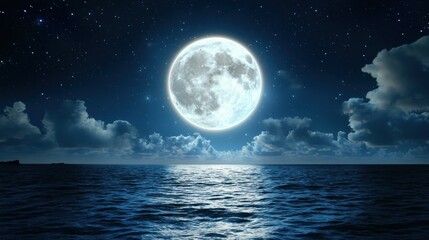 Full Moon Illuminates the Serene Ocean Under a Starry Night Sky