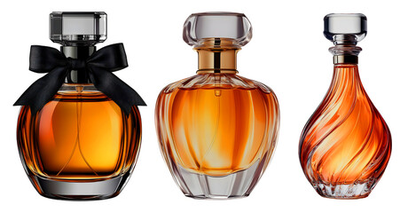 Elegant glass perfume bottles with luxurious golden and silver  on transparant background