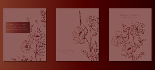 Poppy Flowers Outline. Line Art Poppy. Botanical Background with trendy minimalist poppy flowers and wildflowers. Luxury Floral Line Art Illustration.