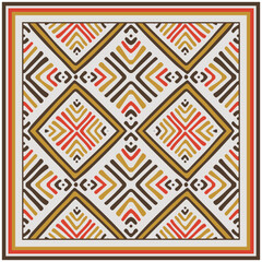 Geometric square shape scarf print pattern featuring diamond shapes and bold lines in warm colors: orange, brown, and gold, framed with contrasting border.