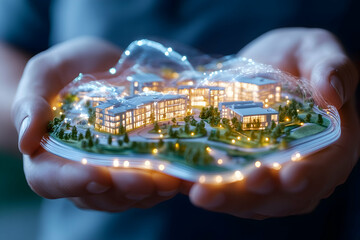 Obraz premium Hands holding miniature city model, illuminated, futuristic urban design, virtual reality, presentation, architectural design
