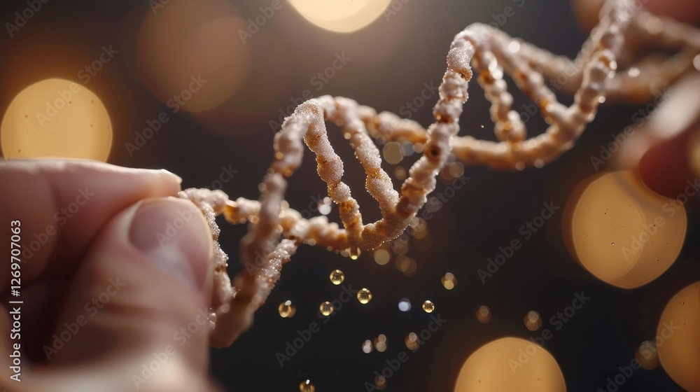 Poster intricate close-up of a hand holding a dna helix with sparkling drops and blurred lights in backgrou