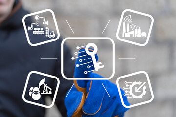 Industry engineer using virtual touch screen push button of key with circuit symbolizing: open...