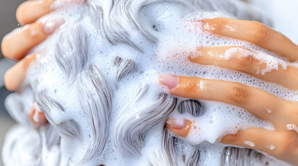 Hands washing gray hair with foam, close-up. Possible use Hair care product demonstration
