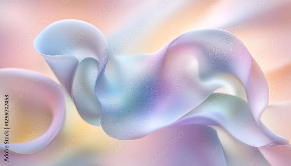 Poster abstract digital wave pattern with neon and soft lavender colors, glowing lights, and bokeh effect.