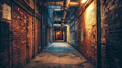 Moody Industrial Corridor with Exposed Air Pipes and Brick Walls
