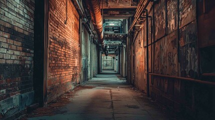 Fototapeta premium Moody Industrial Corridor with Exposed Air Pipes and Textured Walls