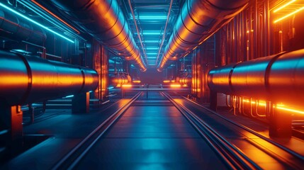 Moody Night Scene with Illuminated Pipes and Air Ducts in Blue Orange