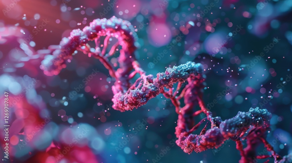 Poster stunning abstract representation of dna strand with vibrant colors and bokeh effect in a scientific 