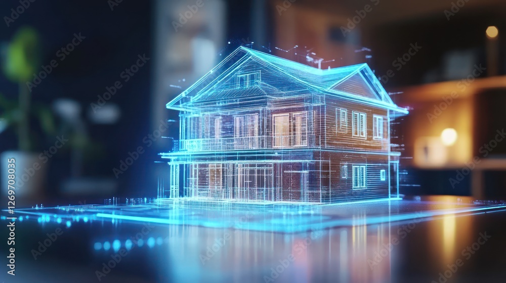 Poster glowing blueprint of two story home resting on surface