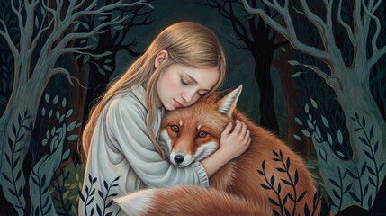 Girl with affectionate mood hugging a fox against forest background