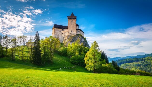 medieval orava castle of slovakia europe historic architecture vacation high tower above landscape with trees and meadow in spring sunny day slovak countryside region protection