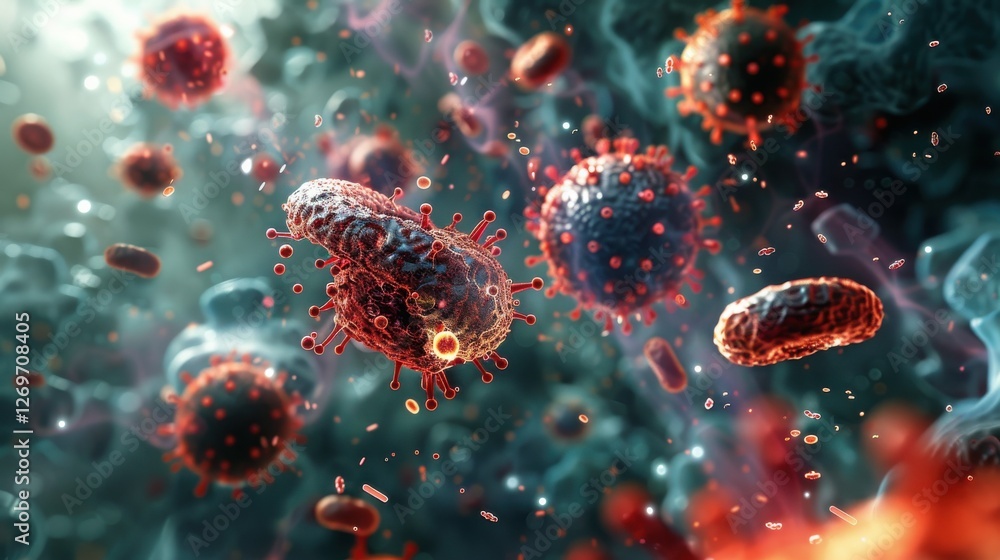 Poster intricate microscopic view of bacteria and viruses in a dynamic biological environment