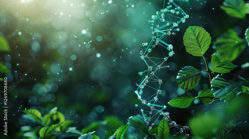 Poster abstract representation of dna helix surrounded by lush green leaves in a science conceptual setting