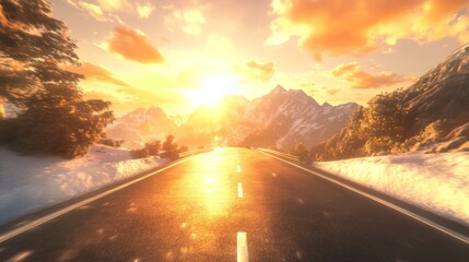 Road leads to distant mountains bathed in golden sunlight