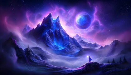 Magical mountains, starry night, otherworldly landscape, celestial orb, fantasy, use in e-book covers, or posters