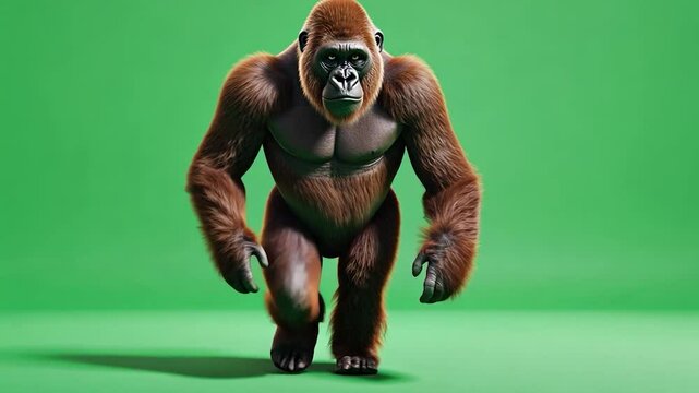 Gorilla walks on vibrant green backdrop