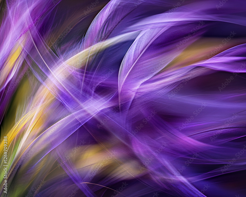 Poster abstract close-up image of flowing purple and yellow lines, showcasing dynamic motion and soft textu