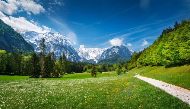 landscape with mountains slovenia stunning spring scenery with alpine meadows and snowy mountains in slovenia logarska dolina and alpine forest with flowery fields from the solcava panoramic road