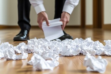 The Weight of Decision: A businessman's hand reaches down to pick up a single sheet of paper amidst a sea of crumpled documents, representing the pressure and burden of making a tough decision.