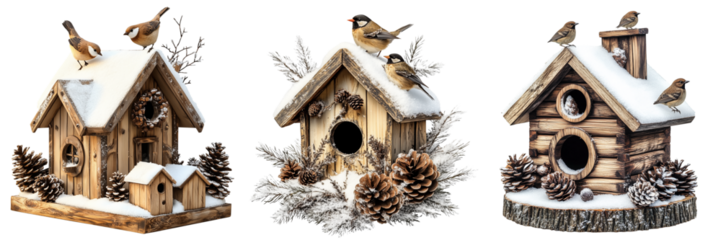 Set of a Rustic wooden birdhouse with a snow-covered roof, surrounded by pine cones and small birds, isolated on transparent background.