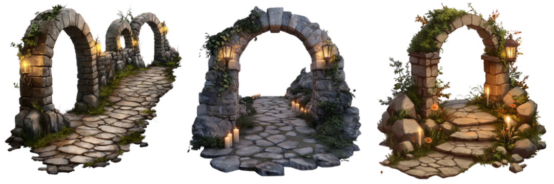 Set of a Stone road with stone arches and candles on the sides, isolated on transparent background.