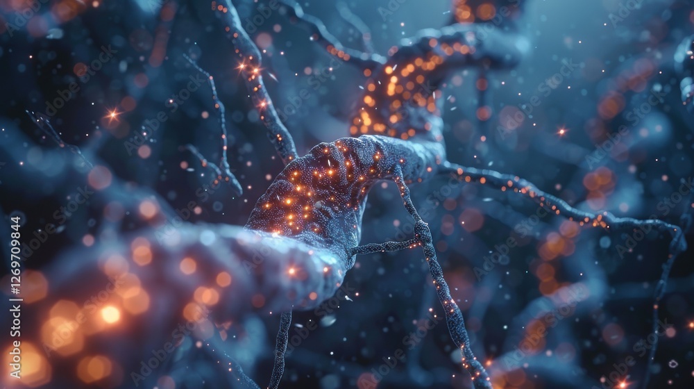 Poster abstract representation of neural connections in a science concept with energetic particles and vibr