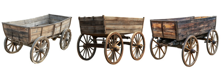 Fototapeta premium Set of a vintage wooden wagon, isolated on transparent background.