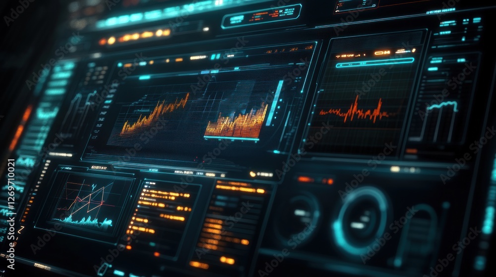 Poster Futuristic user interface displays complex data with glowing elements