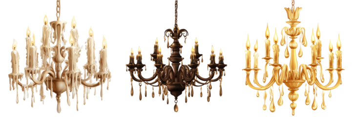Set of a beautiful chandelier with candles dripping wax, isolated on transparent background.