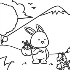 Cute Rabbit Bring Carrot With Bag On The Mountain Line Art Cartoon Vector Illustration