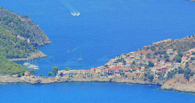 The colorful Assos village on the rocky stripe peninsula in Kefalonia island, Greece