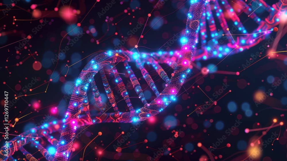 Poster abstract representation of dna molecule with glowing particles and vibrant colors in a science-theme